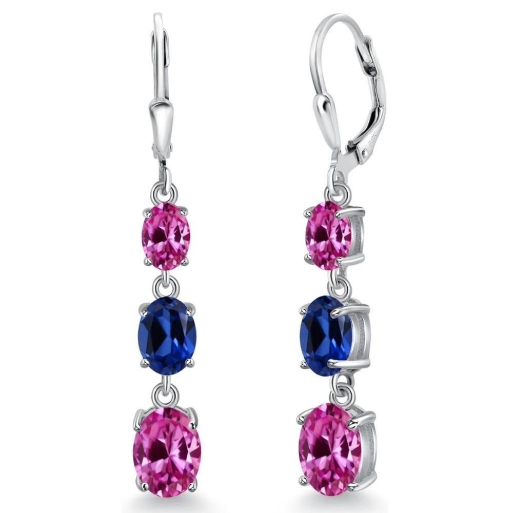 925 Sterling Silver with 6.30 Cttw 3 Stone Pink and Royal Blue Sapphire Earrings